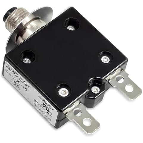 CeilingFanSwitch Zing Ear ZE-700-15 E99607 Push Button Circuit Breaker 15 Amp Single Pole Miniature Current Circuit Interpreter Manual Reset Thermal Overload Protector 125/250VAC TC2/OL0/C1, Black Cover