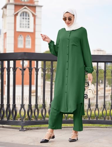 Image of IDOPIP Abaya Dress for Women Muslim Set Long Sleeve Chiffon Islamic Dress Shirt with Pants 2PCS Dubai Prayer Casual Clothes