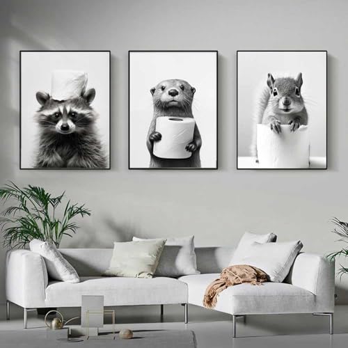 3 Affiche Animaux Toilette Noir et Blanc 30x40cm Tableau Salle de Bain Animaux Poster Mural Drole Impression sur Toile Humour Photo Sauvages Image Animal...