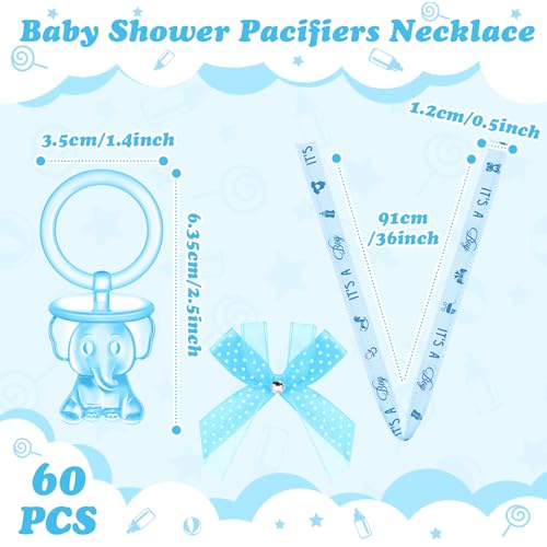Image of Tondiamo 60 Pcs Baby Shower Pacifiers Elephant Necklace Acrylic Baby Shower Party Favors with Cute Rhinestone Bows for Gender Reveal Party Decoration Table Scatter(Blue)