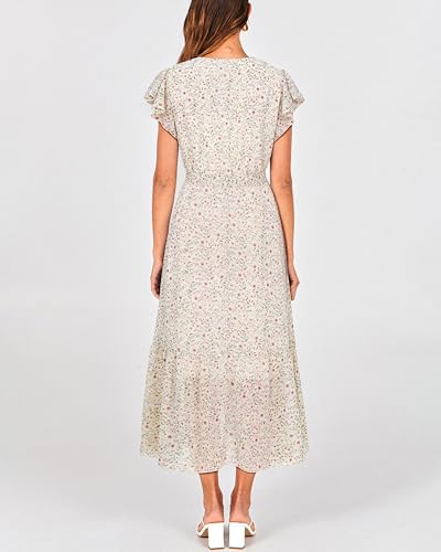 Image of BTFBM Women Summer Bohemian Floral Casual Wrap V Neck Ruffle Cap Sleeveless Belt A-Line Pleated Hem Midi Sun Dress White