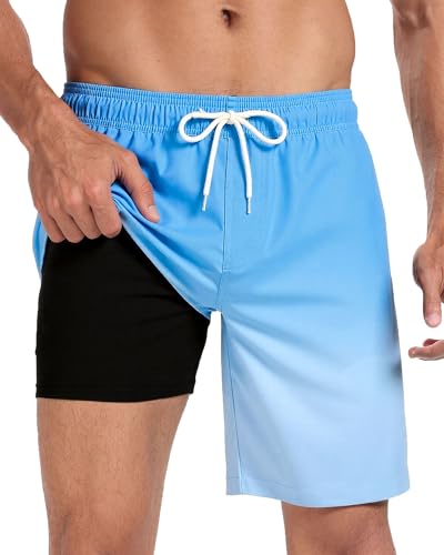 Image of Mens Swim Trunks with Compression Liner 2 in 1 Quick Dry Swimming Shorts Swimwear Bathing Suits with Pockets