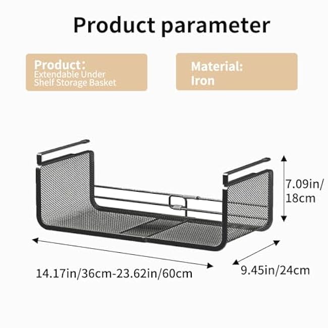 Expandable Under Shelf Basket Organizer, Under Shelf Storage, Hanging Baskets Under Cabinet for Pantry Kitchen Cupboard Desk Counter Bookshelf Space Saver Heavy Duty Slide-in (white, 2 Pack)