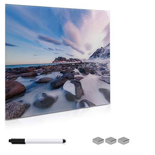 Navaris Tablero magnético de Cristal de 50x50CM - Pizarra magnética para Notas con diseño de Playa - Tablero de Vidrio con Marcador e imanes