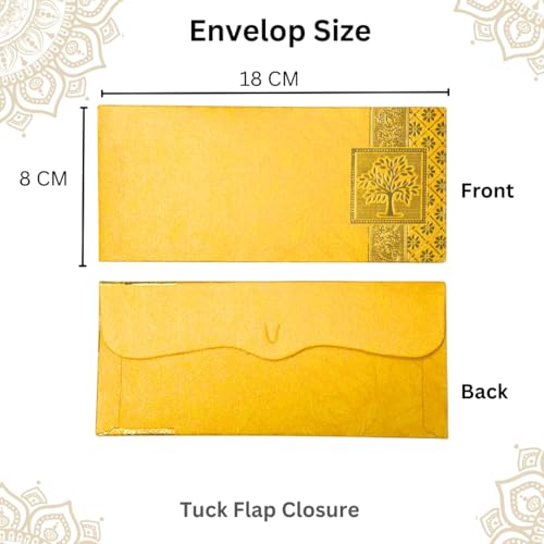 Image of Pack of 25, Rectangle Shape Metallic Paper Shagun Envelopes for Gifting Sagan Lifafa Wedding Occasion Cash Money, 18 X 8 cm, Yellow Color - Gold Tree Design