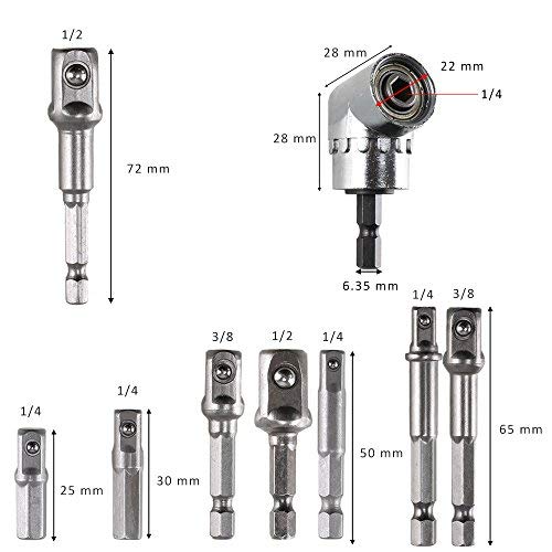 Etsamor 9Pcs Socket Driver Adapter Set Impact Hex Shank Drill Bits Extension Bar Set 1/4" 3/8" 1/2" & 105 Angle 1/4" Right Angle Drill Hex Drill Bit Screwdriver Socket Holder Adaptor #TOP5