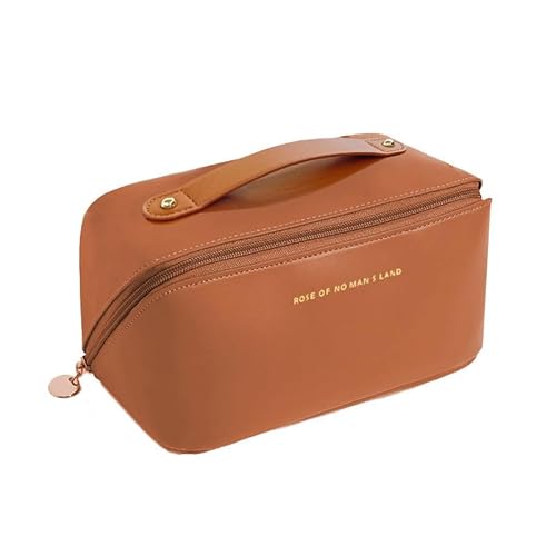 Waterproof Leather Makeup Bag with 180° Opening – Organized Storage for Cosmetics, Ideal for Travel & Gifting,Leather Toiletry Bag with Handle, Tan Brown, Zip Closure, Travel Cosmetic Case, AUPOINT