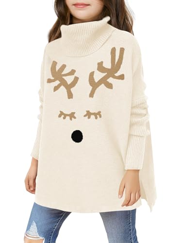 Image of Haloumoning Girls Christmas Sweater Kids Oversized Turtleneck Cute Reindeer Sweaters with Side Slit