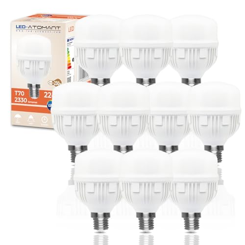 LED ATOMANT Pack 10x Bombilla LED E27 T70 22W, Color Blanco Frio (6500K), 2330 Lumenes, Equivalente a 230W tradicional