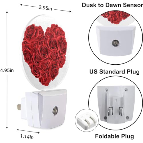 Image of Rose Night Light Rose Flowers in Heart Shape Valentine's Day Night Lights Plug into Wall for Boys Girls, Plug-in Nightlight 0.5W LED Lighting for Stairway Hallway Bedroom