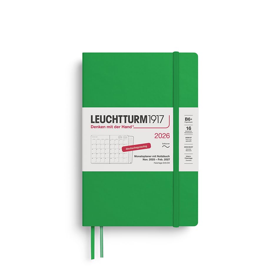 LEUCHTTURM1917 372612 Monthly Planner & Notebook Paperback (B6+) 2026, 16 Months (01 November 2025-28 February 2027), Softcover, Spring Leaf, German