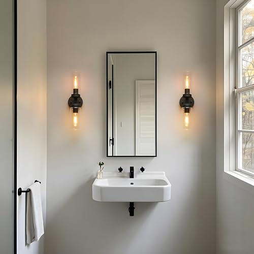 Image of Phansthy Rustic Industrial Wall Sconce Light with Tubular Clear Glass Lampshade (2-Light Sconce)