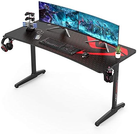 It's_Organized Gaming Desk, 60 Inch Computer Desk Carbon Fiber Surface Gamer Desk with Free Mouse pad, T-Shaped Professional Gaming Table with USB Gaming Rack, Cup Holder & Headphone Hooks, (Black)