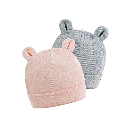 Original de algodón recién nacido Gorros sombrero rayado lindo del bebé para Niños Niñas oso Orejas infantil Beanie 2-Pack, rosado y gris