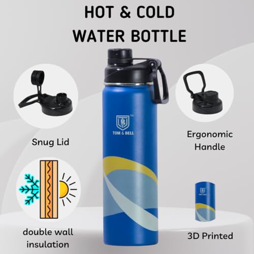 Image of TOM&BELL Water Bottle for Kids, Kids Water Bottle for School, 304 Stainless Steel hot and Cold Thermosteel Leakproof Water Bottle, Double wall Bottle (Blue650, 650 ml)