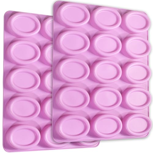 Newk Lot de 2 moules ovales en silicone anti-adhésif à 15 cavités pour gâteaux, savons, chocolats, biscuits, bombes de bain, cheesecakes