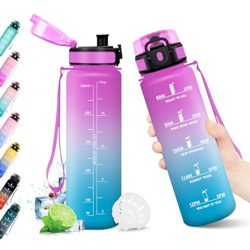 KollyKolla Botella Agua Deportiva 500ml, Garrafa Agua sin BPA, Botella con Marca de Tiempo con Filtro, Motivacional, Reutilizable, Cantimplora para Escuela, Oficina, Sport, Yoga, Gimnasio