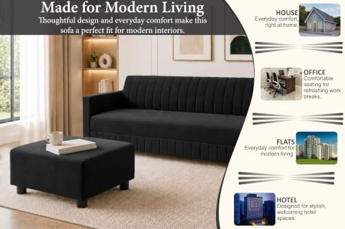 Image of Modern 3-Seater Velvet Sofa with Ottoman | Vertical Channel Tufted Backrest | Plush Cushioned Seating | Stylish Contemporary Sofa for Living Room, Bedroom & Office | Black