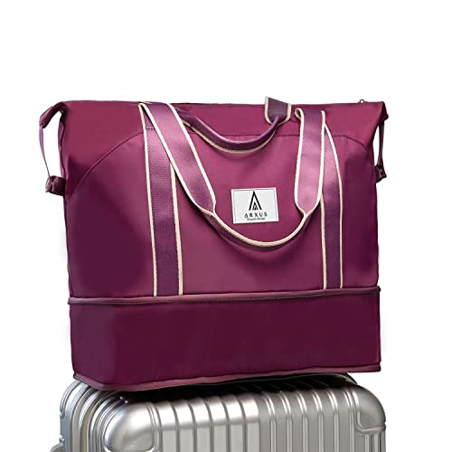 Arxus Grand sac de voyage étanche et extensible pour femme, sac fourre-tout de week-end pour la nuit en avion, salle de sport, sac à main avec poche humide, fuchsia Cover