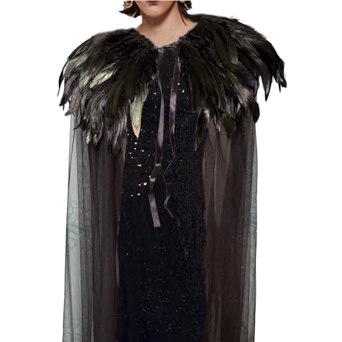 Yoodeet Gothic Federn Cape mit Tüll, Schwarz, Kostüm Umhang mit Federkragen (Schwarz)