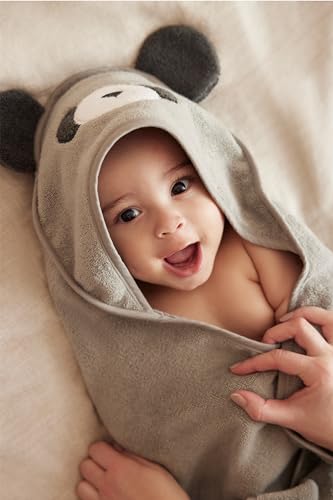 Image of MORI Baby Hooded Bath Towel with Panda Design in Grey - Unisex Soft Wrap Cloth for Infants and Newborns - 30 x 30 inch