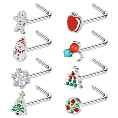 ZS 8Pcs Santa Claus Corkscrew Nose Rings Studs 20G Stainless Steel Stud Christmas Trees Screw Bone Piercing L-shaped Jewelry for Women Men (SetB L-shape)