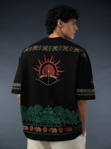 Image of The Souled Store Samsara Men and Boys Short Sleeves Round Neck Grey Graphic Printed Cotton Super Oversized T-Shirts