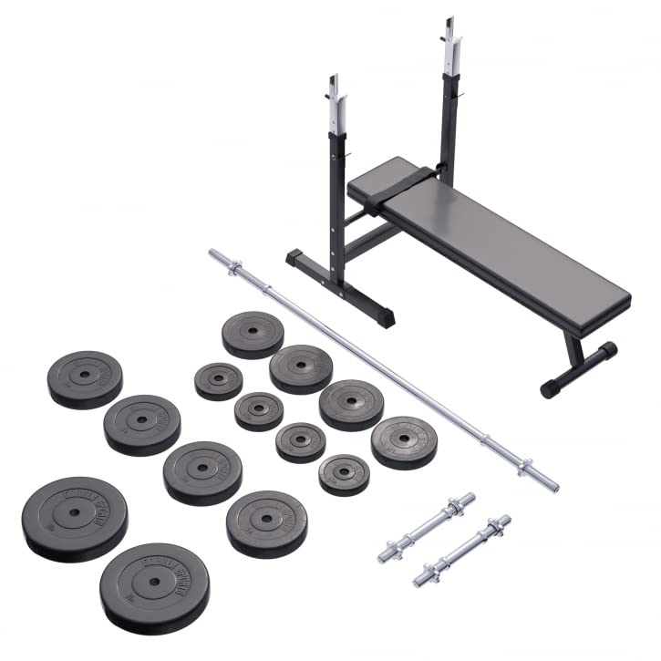 Gorilla Sports® halterbank met lange halterset 38 kg / 70 kg kunststof 30/31 mm – trainingsbank met legplank, lange halters, korte halters, gewichten en stersluitingen - Image 5