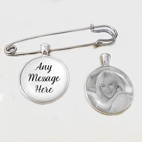 Personalised with ANY MESSAGE HERE- Wedding Bouquet Photo Bridal Charm Lapel Pin Bride Groom Boutonniere Custom Memory Memorial of Dad Mum Keepsake (White) Cover
