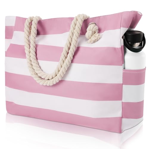 fauson Beach Bags for Women - Large Beach Tote Bag Waterproof Sandproof with Zipper, Swiming Pool Bag (Pink)