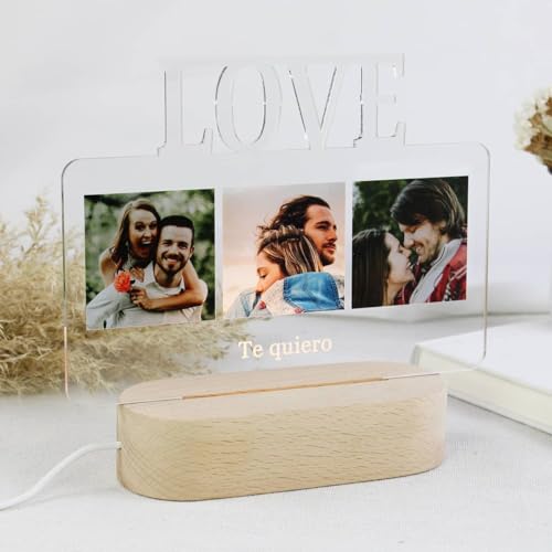 Lámpara Personalizada con Foto y Texto Base Luz Led Madera Decoración Lámina Regalo Novio Novia Pareja Amiga Mamá Papá (LOVE)
