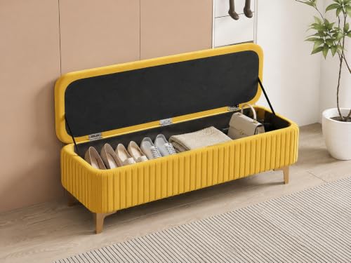 Image of LEGACY OF COMFORT Qwen Velvet Upholstered Flip Top Storage Bench 2 Seater Sofa Upholstered Ottoman Bench with Storage for Living Room, Bedroom (Yellow)
