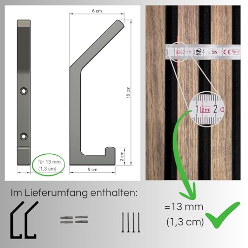 2 stabile Wandhaken für Akustikpaneele & Wände – Höhe 16cm – Garderobenhaken schwarz für 13mm Lamellenabstand der Wandpaneele – 3D gedruckte Kleiderhaken – Inkl. Montagematerial