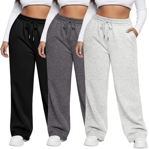 Neer 3 Pack Women's Plus Size Sweatpants Wide Leg Cargo Lounge Pants High Waist Ladies' Slacks Drawstring Jogger with Pockets(Beige Gray, Dark Gray, Black,3X-Large)