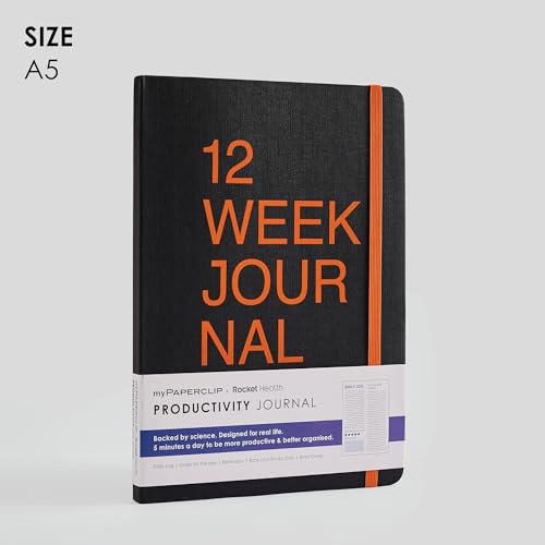 Image of myPAPERCLIP 12 Weeks Productivity Journal | A5 Size, 200 Pages, 80 GSM | Daily log, Goals for the day, Reminders | Bookmark, Elastic closure, Section thread-bound (Black)