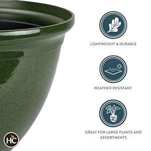 The HC Companies 14 Inch Tucson Decorative Round Planter - Lightweight Premium Resin Plant Pot with a Ceramic Look for Indoor Outdoor Use, Green Crackle The HC Companies 14 Inch Tucson Decorative Round Planter Lightweight Premium Resin Plant Pot with a Ceramic Look for Indoor Outdoor Use Green Crackle