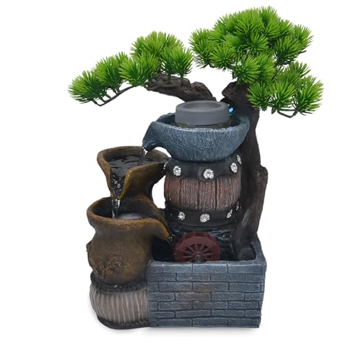 14.5-Inch Tabletop Water Fountain with Bonsai Tree, 3 Cascading Pots,