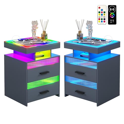 HNEBC Black Nightstand with Glass Top-LED Night Stand with Wireless+USB+Type-C Charging Station,Smart Side End Table with Motion Sensor Lights, 3 Drawers for Bedroom,Ideal Home Decor