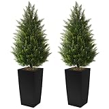 4FT Tall 2 Set Artificial Topiary Cedar Tree, Indoor Realistic Faux Cypress Plants with Square Flowerpot, Outdoor Evergreen Fake Shrubs for Home Living Room Front Porch Decor
