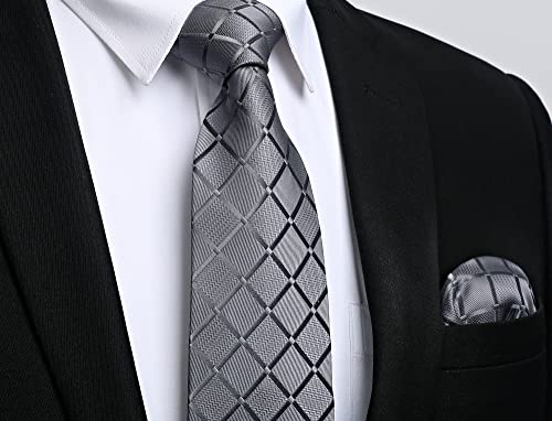 Image of Enlision Ties for Men Plaid Stripe Tie Handkerchief Woven Classic Formal Necktie Pocket Square Clip Set