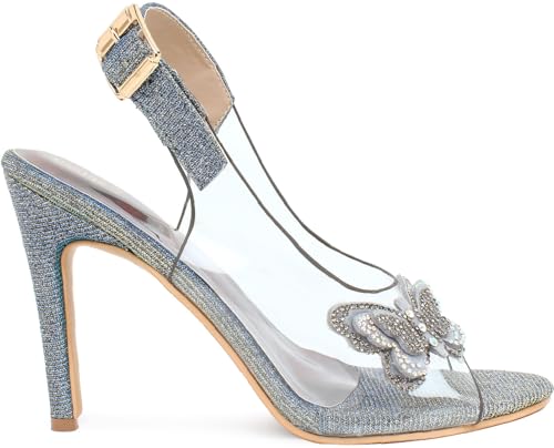 Image of Action Women's Butterfly Embellished Clear Stiletto Sandals| Gold Glitter Heel| Golden