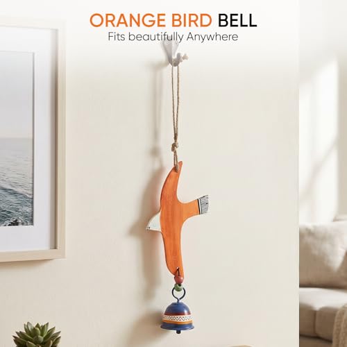 Image of Aakriti Art Creations Orange Flying Bird Wind Chime with Metal Bell | Handmade Wooden & Metal Wind Chime | Matte Decorative Wind Chimes for Balcony, Garden & Home, Living Room & Gifting