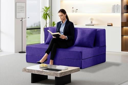 Image of Los Angeles Foldable Two Seater Sofa Cum Bed, Sofa Bed 4 X 6 Feet, Jute Fabric- Washable Cover- Including Two Cushion Perfect for Home & Office, Guest Room -Purple Color
