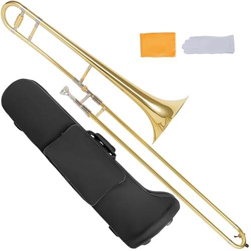 AKLOT Classic Bb Tenor Trombone: Entry-Level B Flat Brass Instruments with Hand-Hammered Bell, Anti-Tarnish Gold Lacquer Finish, Ideal for Beginner, Includes Hard Case, Mouthpiece, Gloves, Cloth