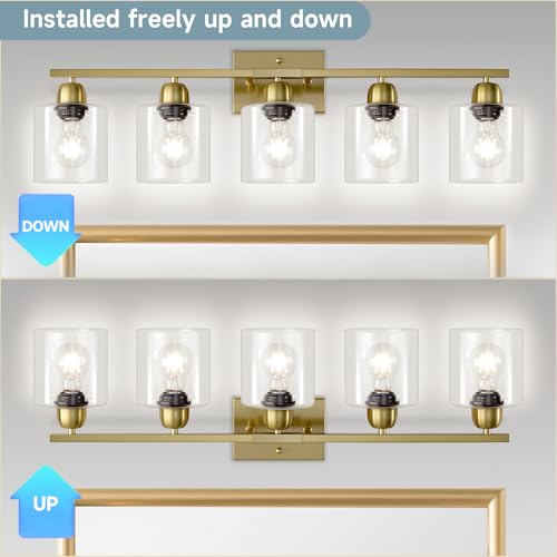 Image of Modern Brushed Gold 5 Light Bathroom Vanity Light,31 inch Vanity Lights for Bathroom with Clear Glass for Mirror Kitchen Living Room Hallway Cabinet Porch