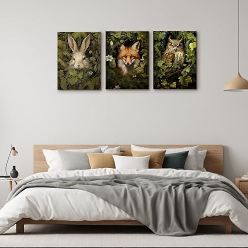 Alptiny Zwierzęta leśne, obrazy na płótnie, zestaw 3 sztuk, 30 x 40 cm, z ramą – zając, lis, sowa, plakat do salonu i pokoju dziecięcego, obrazy ścienne, natura, druk HD, montaż bez wiercenia