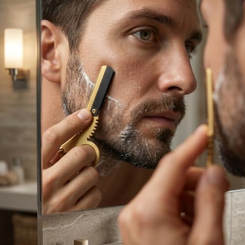Image of Straight Compact Barber Razor for Men, Stainless Steel | Rust-Free Shaving | Travel Razor with Finger Ring Grip & Adjustable Screw | Free Blade Inside