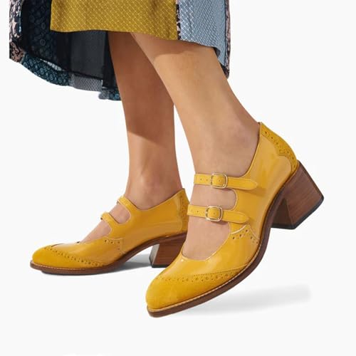 Women’s Double Strap Buckle Mary Jane Stacked Heel Dress Pumps Retro Wingtip Oxford Style Pumps Shoes Closed Round Toe Chunky Heel Shoes for Work Party School4