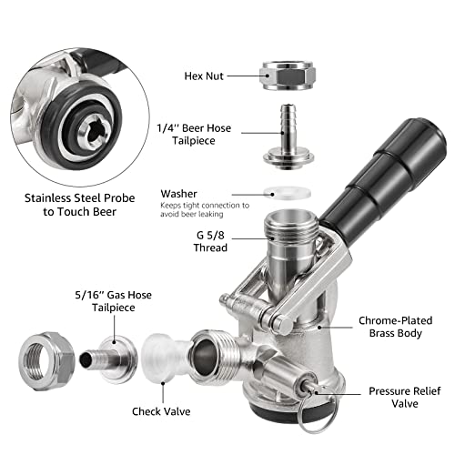Commercial Draft Beer Keg Coupler 1/4'' Tailpiece Stainless Steel Probe - For Kegerator D System