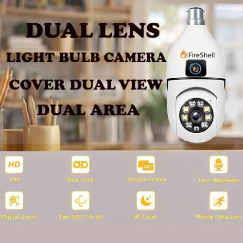 Image of Fireshell Dual Lens 4MP /8MP PTZ Outdoor WiFi Security Camera with 360 Pan Tilt, Color Night Vision, Motion Detection Alerts, Two-Way Audio, Wireless Light Bulb CCTV, Weatherproof Surveillance Camera